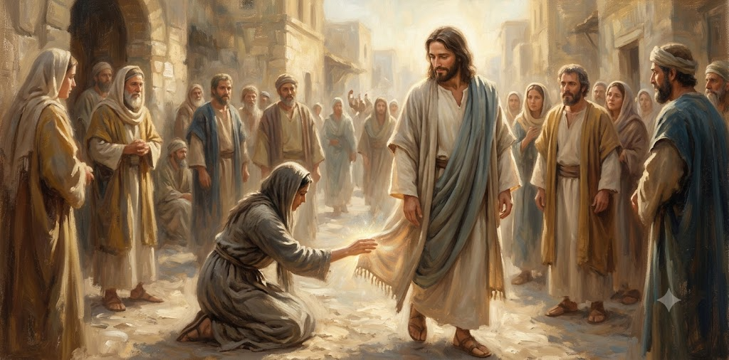 Woman healed by faith touching hem of Jesus robe painting