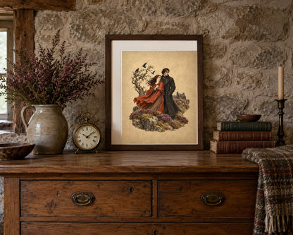 Wuthering Heights print framed on a rustic oak dresser with heather
