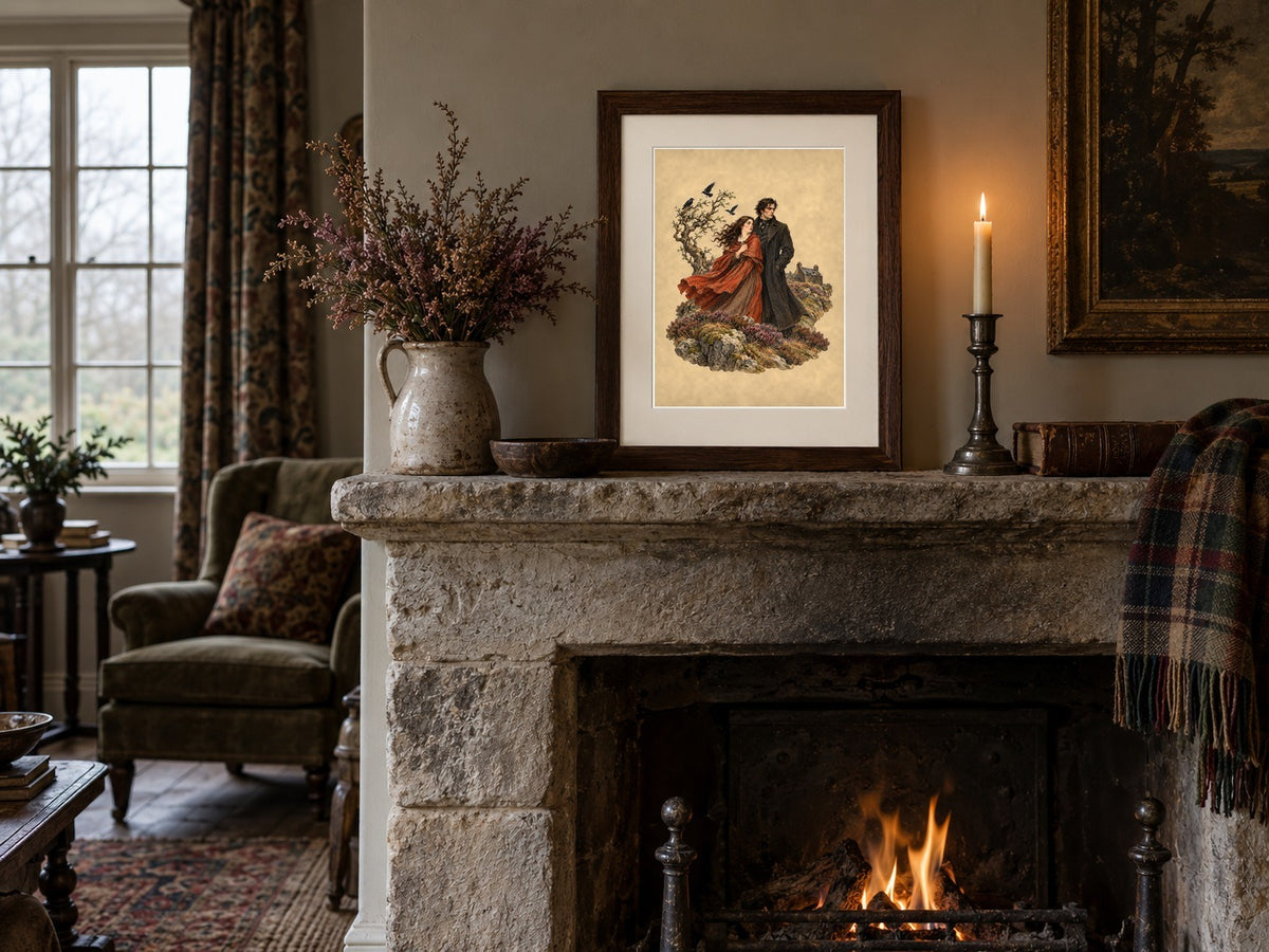 Wuthering Heights print framed on a stone mantel with heather and candle