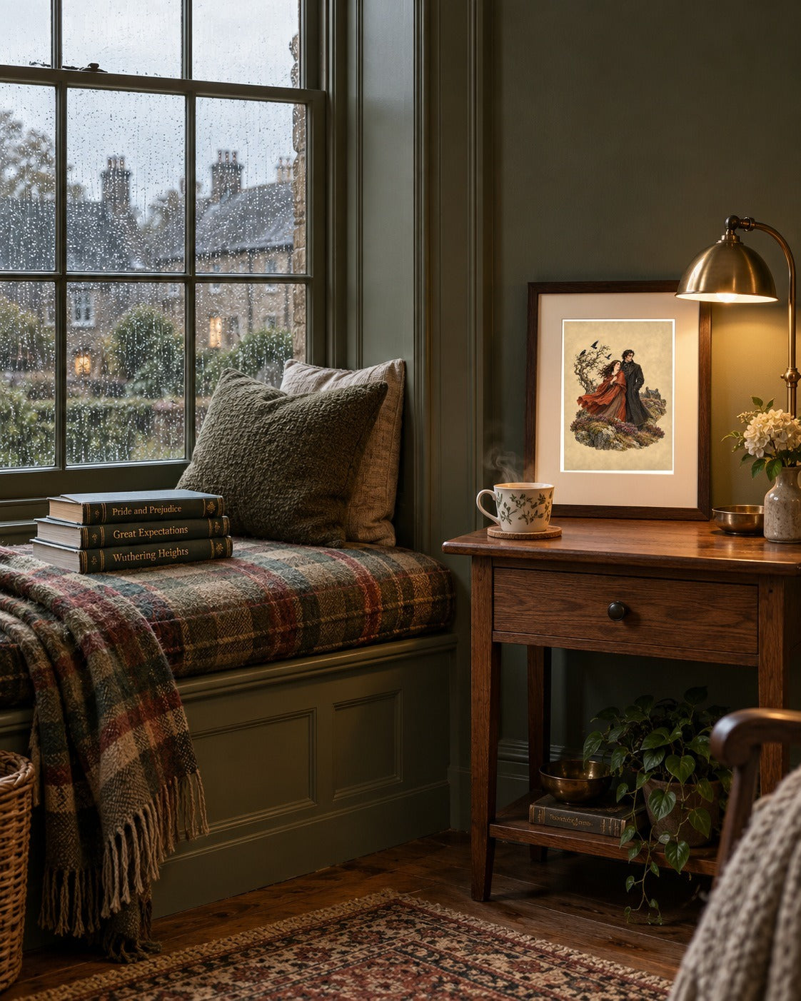 Wuthering Heights print framed in a rainy window-seat reading nook