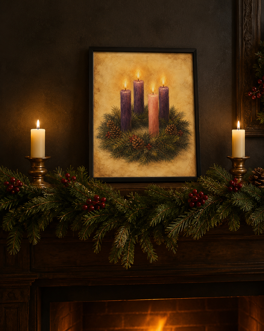 Advent candles 8x10 print framed on a Christmas mantel with evergreen garland, candles and firelight