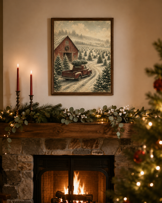 Christmas tree farm 8x10 print framed on a Christmas mantel with garland and candles