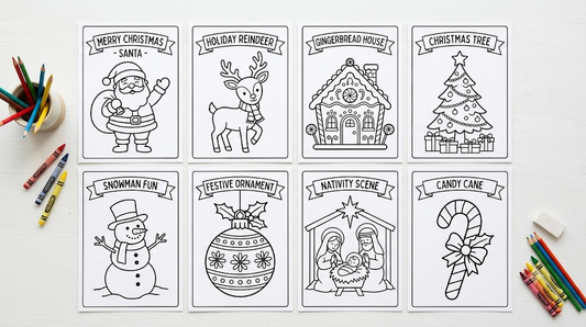 Christmas coloring pages preview — Santa reindeer tree snowman nativity line art