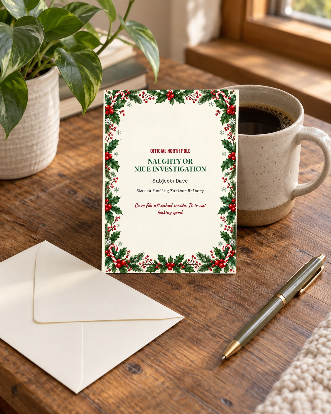 Funny Christmas card styled on a desk
