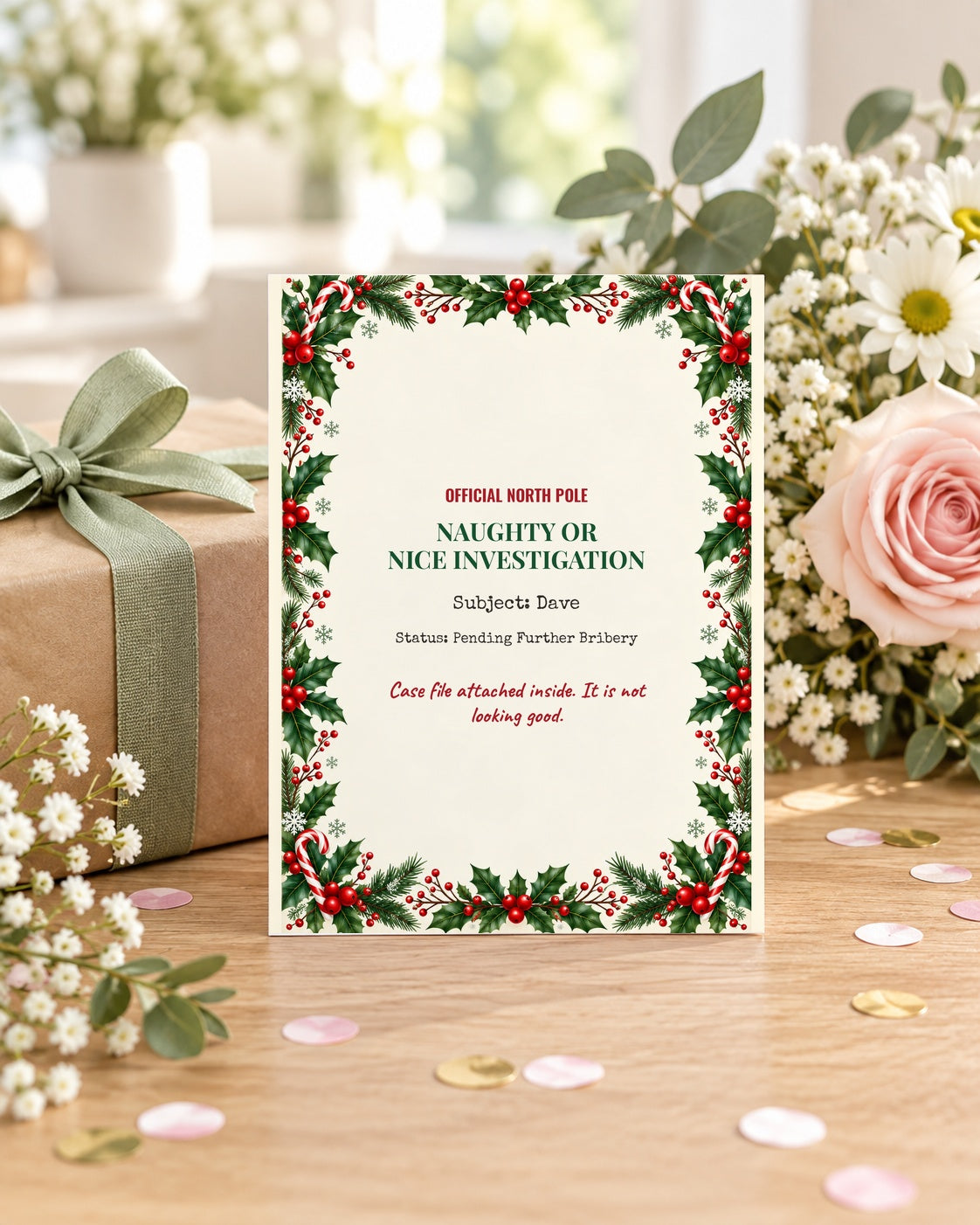 Funny Christmas card styled with a gift