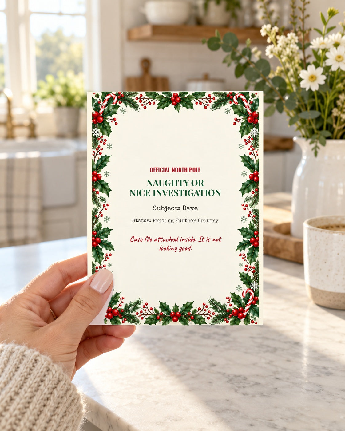 Funny Christmas card Naughty or Nice investigation held in hand