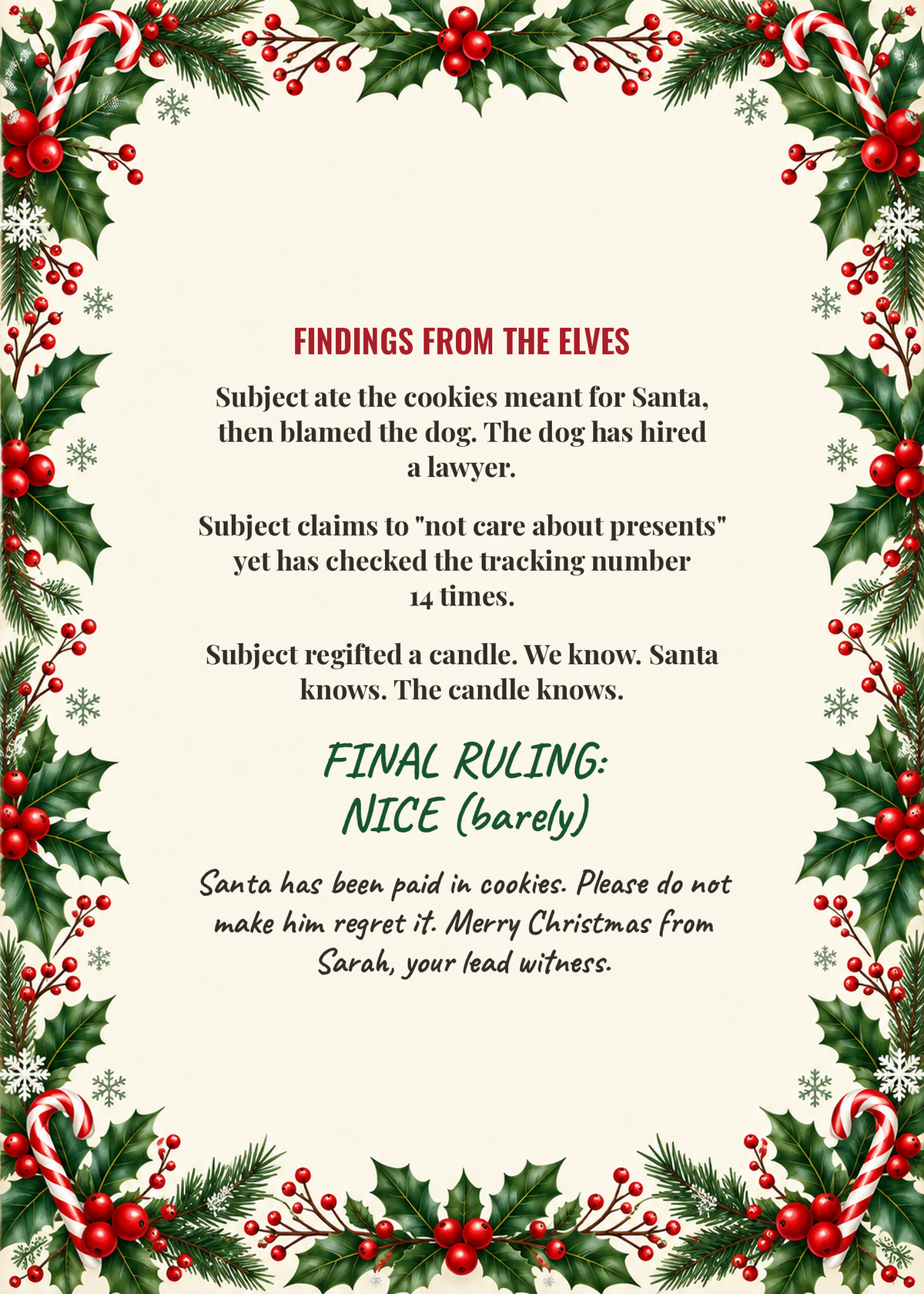Findings from the elves Christmas card inside